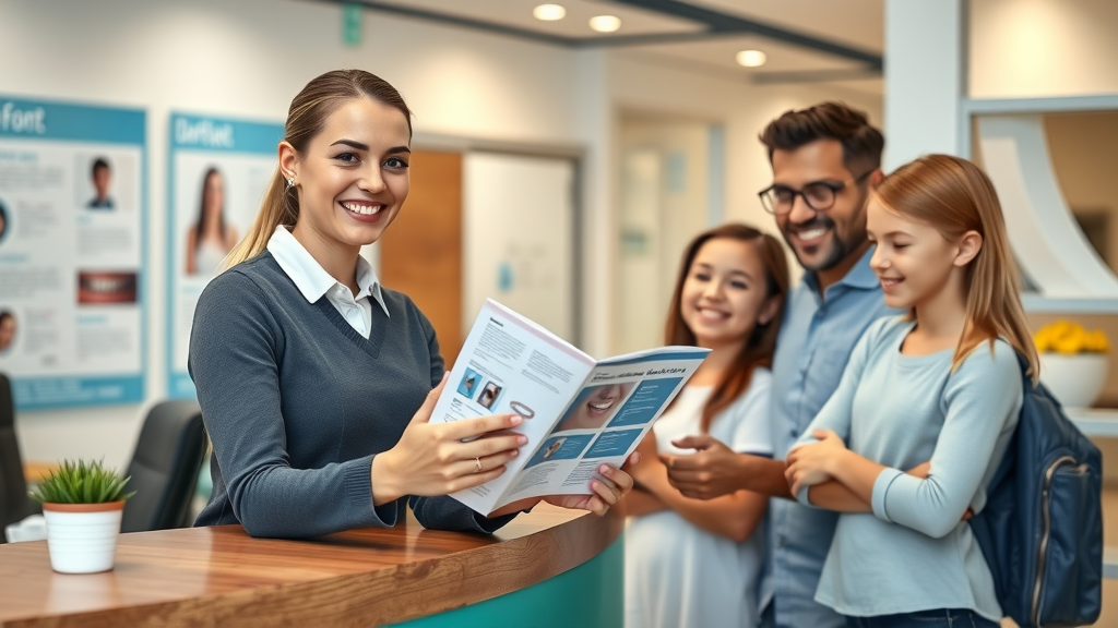 orthodontic receptionist handing brochure to parents and children, family discount for multiple children in orthodontic care
