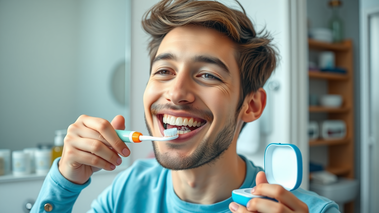 Young adult brushing teeth, aligner case nearby, emphasizing oral hygiene and clear aligner stain prevention