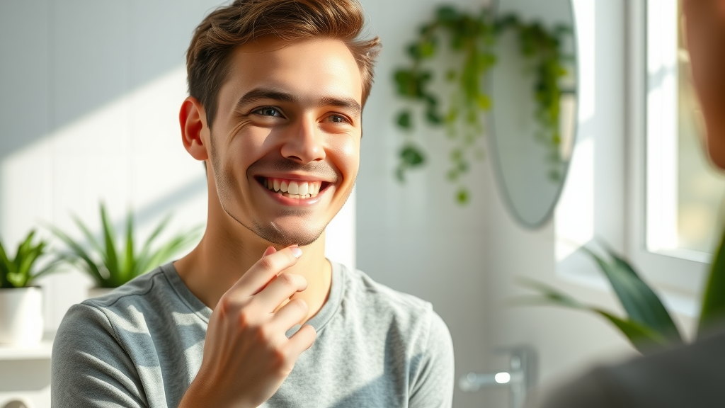 Young adult flossing teeth in bathroom mirror to prevent teeth shifting after braces