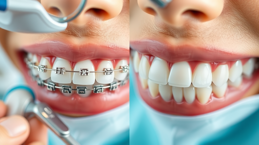 Side-by-side close-up of metal braces and clear aligners, showing stain potential and clean versus stained areas