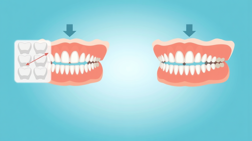 side-by-side illustration of healthy bite and problematic bite with arrows showing bite alignment differences