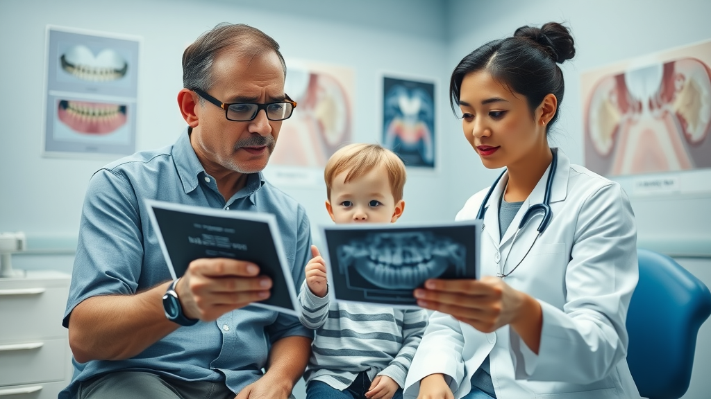concerned parent consulting orthodontist young child dental x-ray south carolina clinic