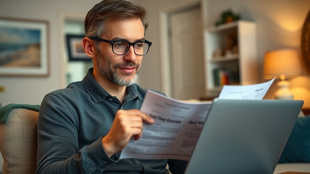 Confident adult considering Invisalign budget with documents at home, Myrtle Beach decor in background