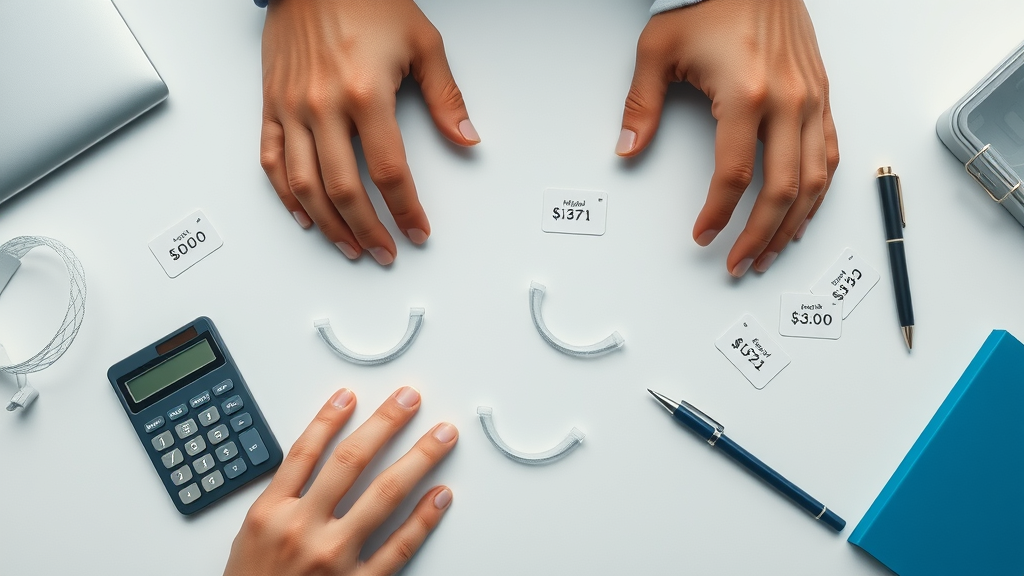 flat lay of Invisalign aligners, price tags, and calculator for estimating cost of Invisalign in South Carolina