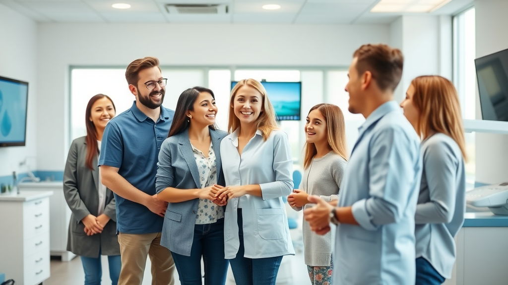 inviting modern orthodontic office interior with welcoming staff greeting a diverse family, state-of-the-art orthodontist office featuring digital screens and comfortable environment