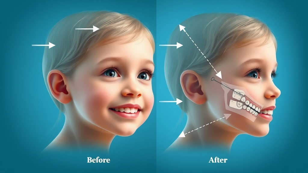 Medical illustration showing child facial profiles before and after orthodontic intervention, with dramatic improvement in jaw symmetry and alignment.
