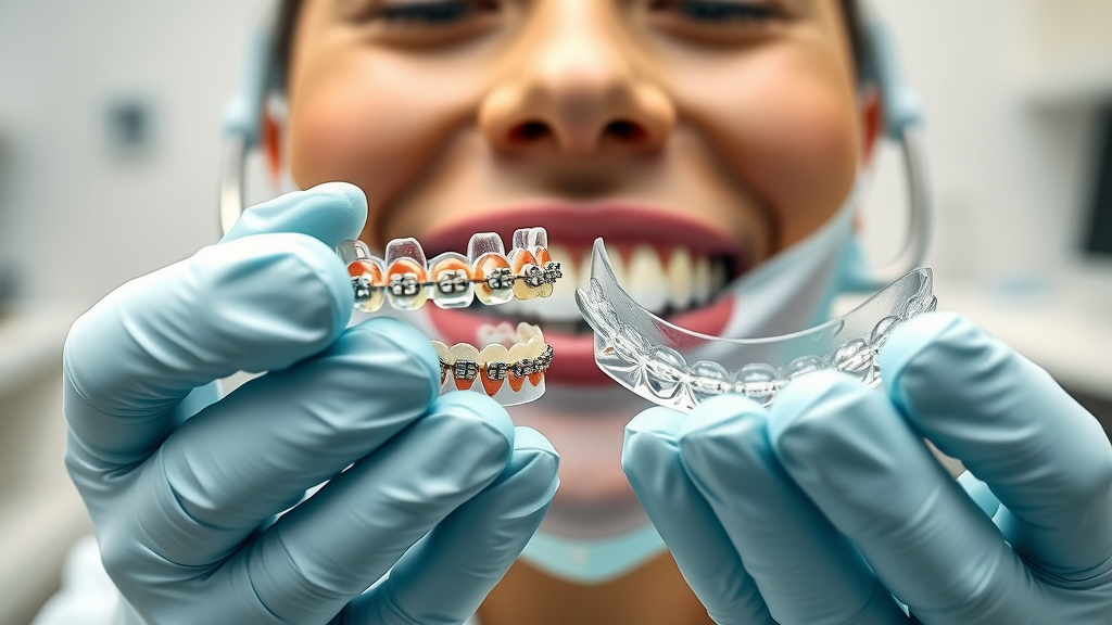 Close-up of dental braces and clear aligners in orthodontist hands, demonstration for orthodontic services and personalized care, orthodontic treatment, what does an orthodontist do that a regular dentist doesn’t?
