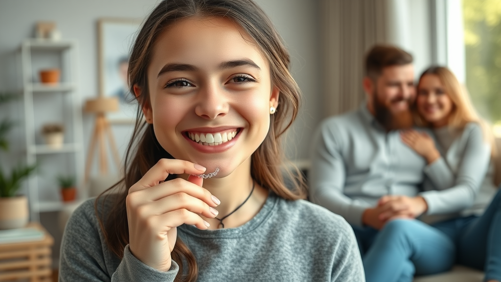 Motivated teenage girl inserting clear aligners in a cozy living room with her supportive parents, illustrating the mental health advantages of clear aligners for teens.