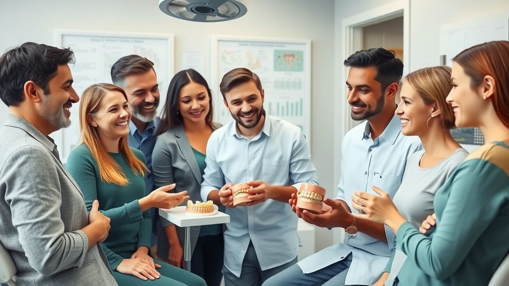Orthodontist consulting with adults and teens about clear aligners and metal braces in a modern dental clinic.