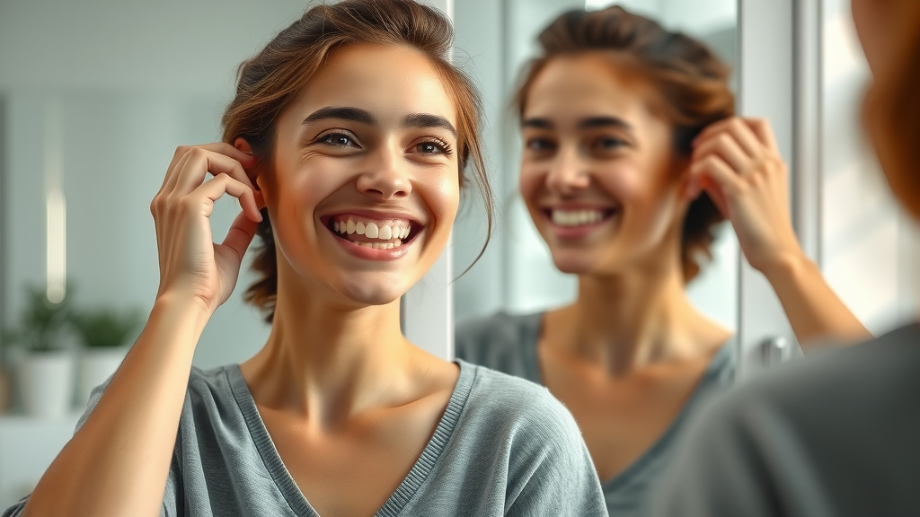 Confident young adult smiling in the mirror after Invisalign journey, visible changes in smile and self-esteem