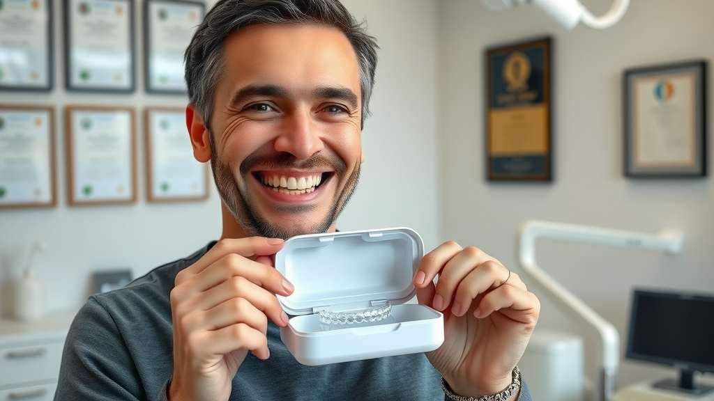 Happy adult patient revealing clear aligner and case in dental office, demonstrating success in complex invisalign treatment for adult patients