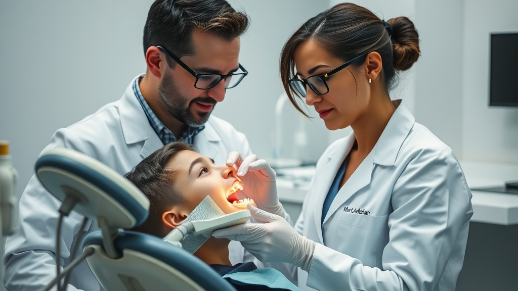 orthodontist in white coat examining teenage patient in dental chair during repair appointment, modern clinic, gentle interaction, clinical lighting