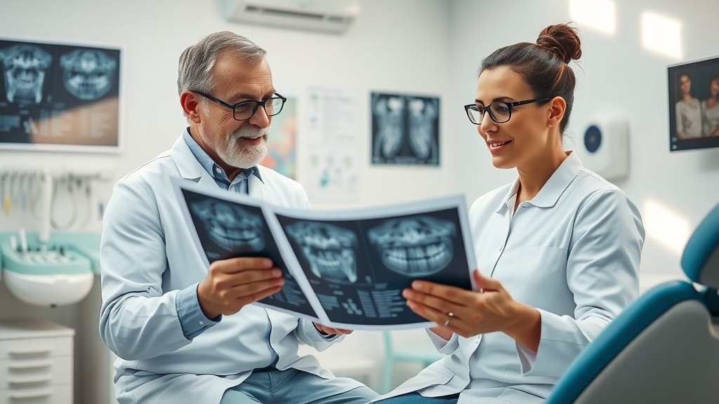 Dentist and orthodontist consulting with patient in dental clinic, viewing X-rays, compassionate interaction, bright and friendly professional setting, what does an orthodontist do that a regular dentist doesn’t?