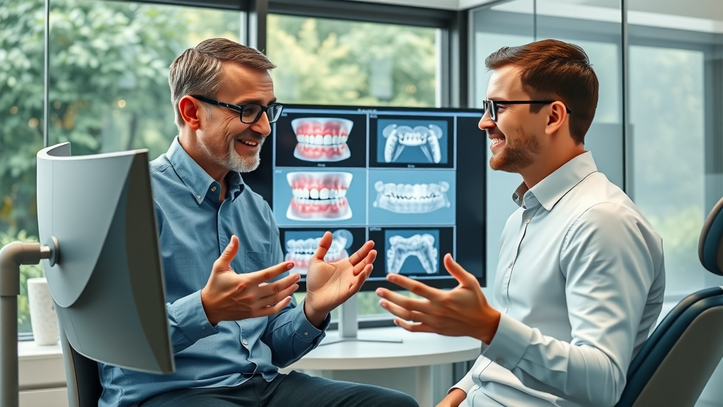 orthodontist and patient discussing 3D dental scan for hybrid braces and aligners treatment, modern dental clinic, photorealistic high fidelity