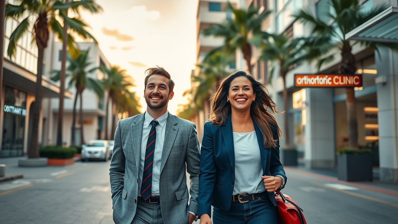 Hopeful adults walking toward a modern Grand Strand orthodontic clinic, ready to begin their journey toward a beautiful smile.