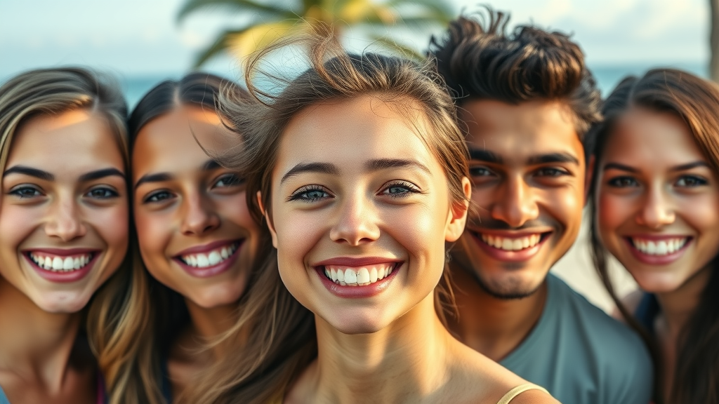 Diverse group with bright confident smiles at the beach for Coastal Palm Orthodontics