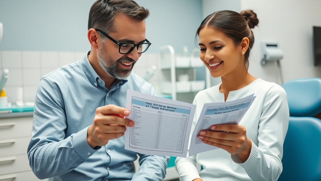 Professional dentist explaining replacement retainer costs to a patient, showing cost charts, modern dental office setting, discussing insurance and payment for lost retainer