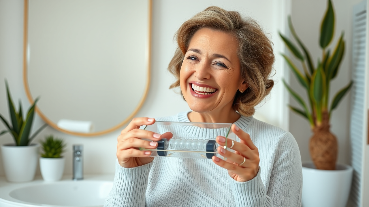 Mature woman using clear aligner tray as modern orthodontic treatment solution for older adults at home, smiling gently