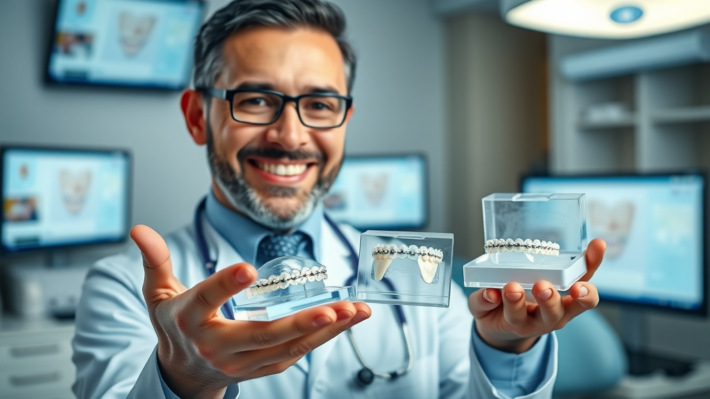 Confident orthodontist, showing clear aligners, braces models, orthodontic treatment guidance for children