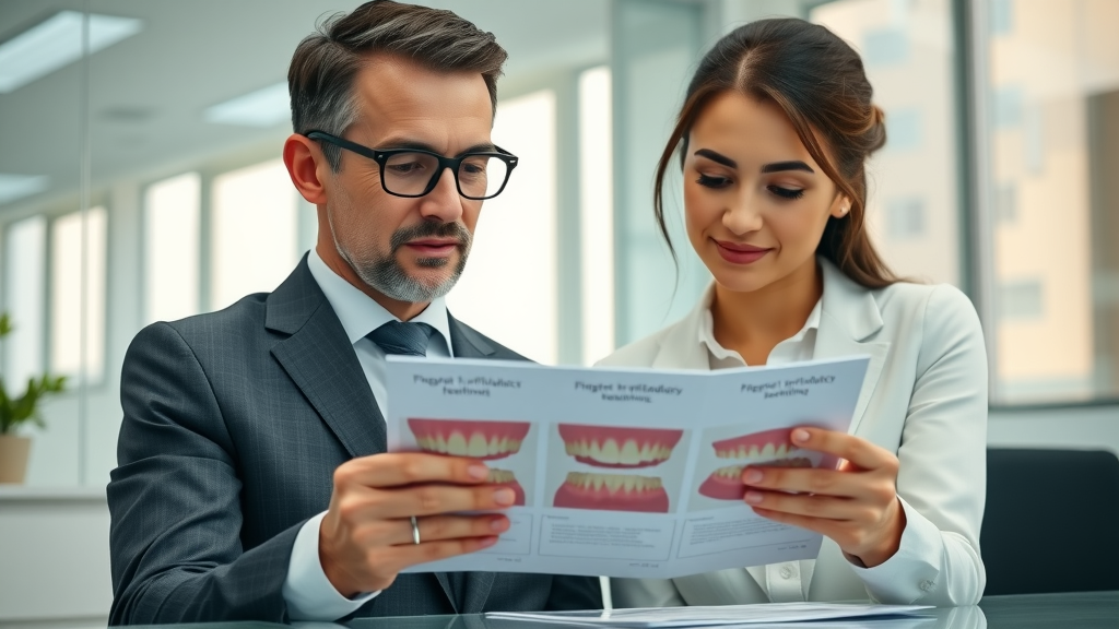 Adults comparing orthodontic treatment cost and brochures for braces and Invisalign aligners