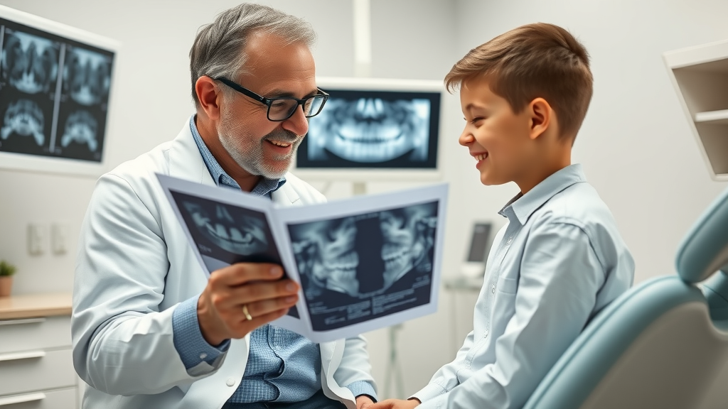 orthodontist and patient evaluating treatment on time using dental x-rays