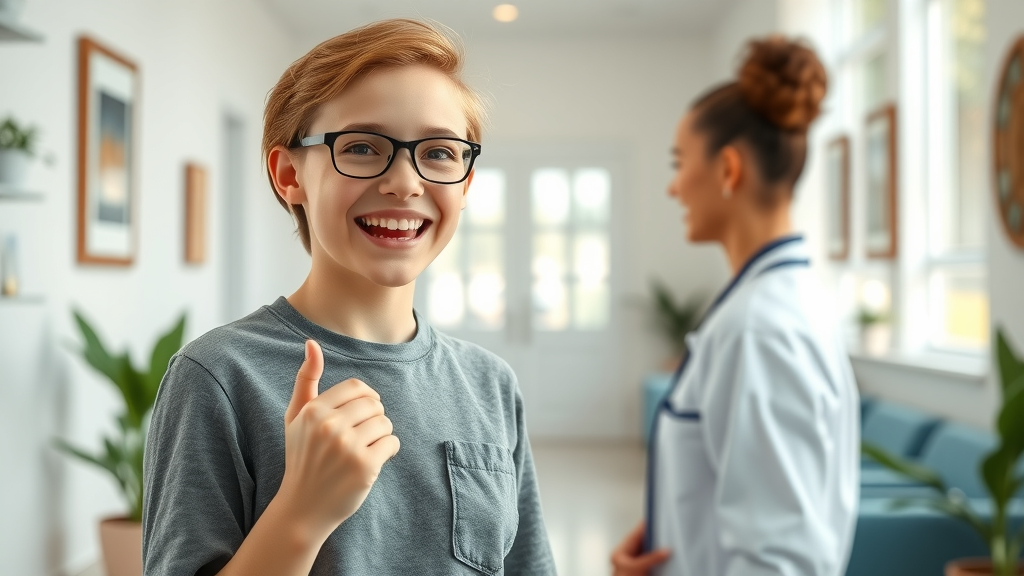 cheerful patient entering clinic greeted by staff, bright waiting area with natural light