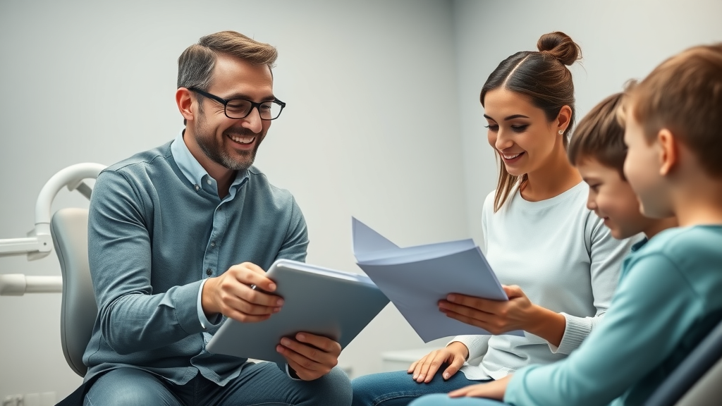 family meeting advisor explaining dental finance and treatment timeline in a clinic, photorealistic high fidelity