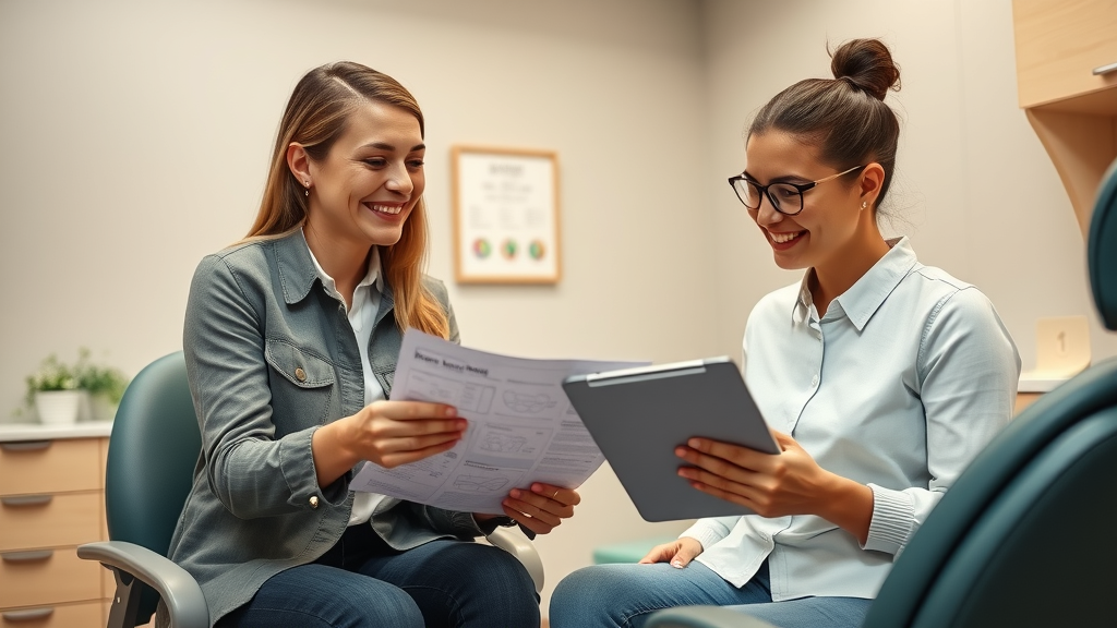 orthodontic appointment insurance discussion, payment options consultation, treatment coordinator explaining costs and coverage to parent and child