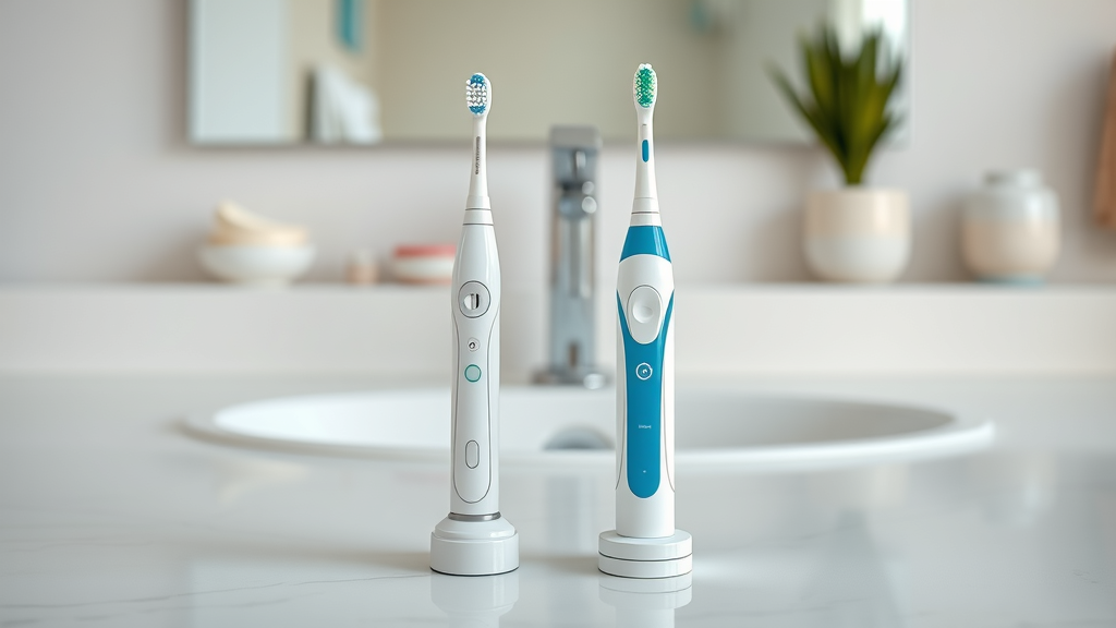 side-by-side comparison of manual toothbrush and electric toothbrush for cleaning teeth with braces, displayed on a clean bathroom surface