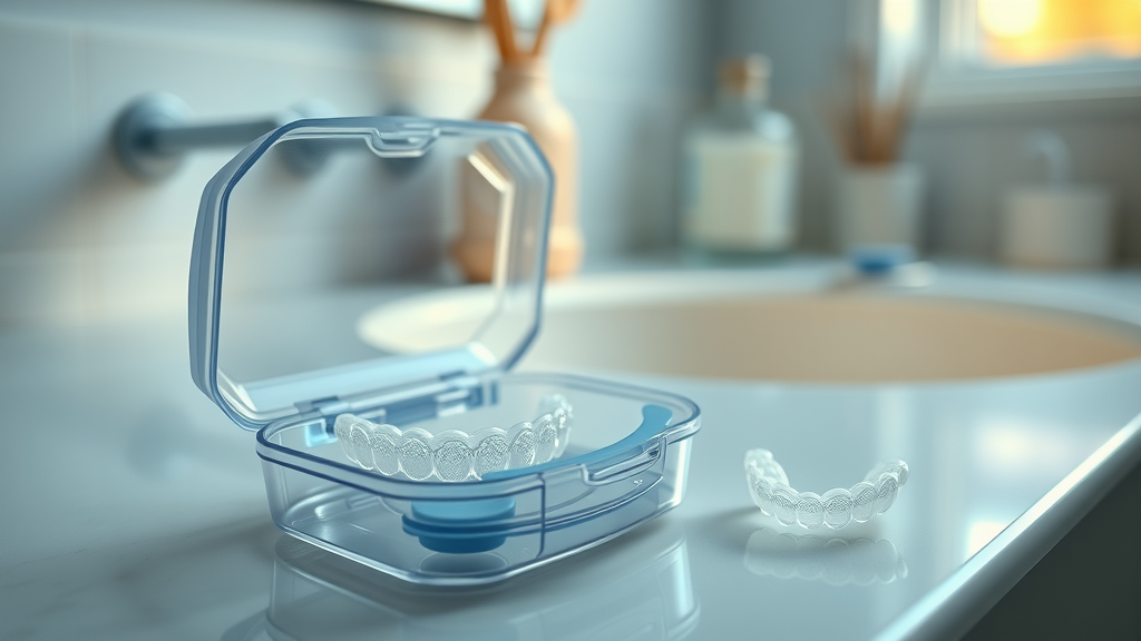 Close-up of clear plastic retainers on a bathroom counter, empty retainer case, urgency for lost retainer, focus on proper retainer storage