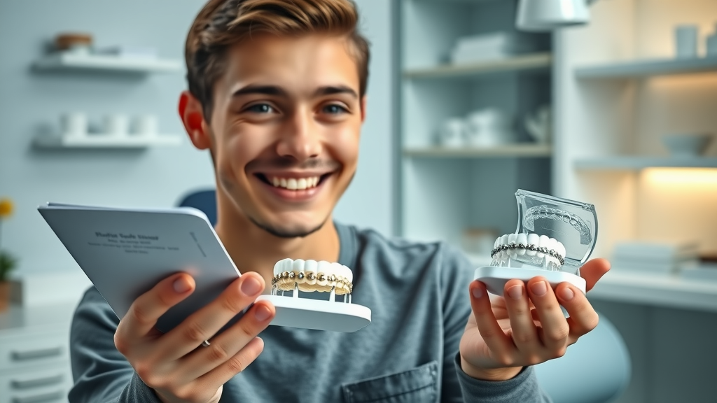 Young adult reviewing metal braces and clear aligner options with a dentist in Murrells Inlet SC