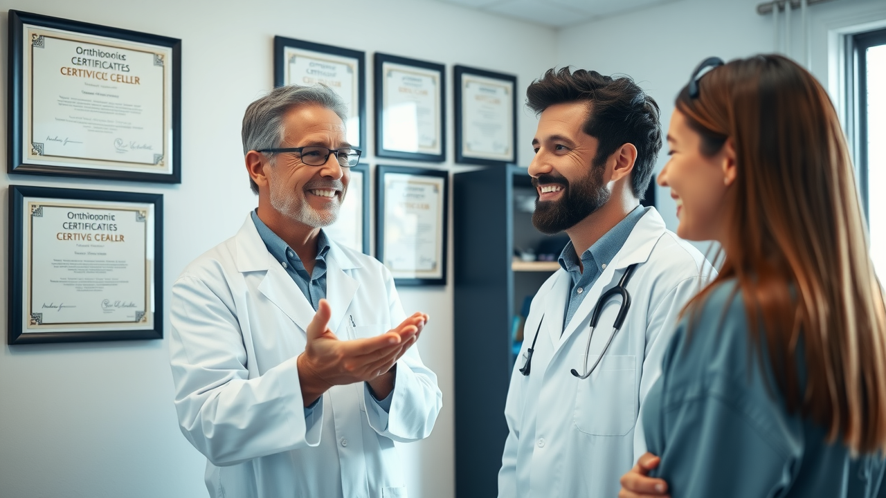 confident board-certified orthodontist reviewing diplomas with patient Conway SC