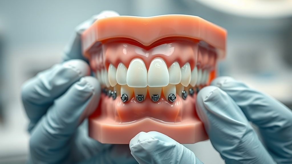 close-up custom orthodontic oral appliance placed on model teeth by gloved hands, clinical background