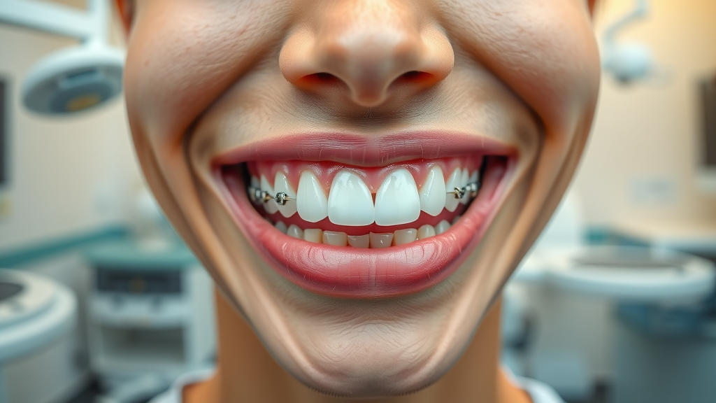 young adult showing half metal braces and half ceramic braces in Myrtle Beach orthodontic clinic