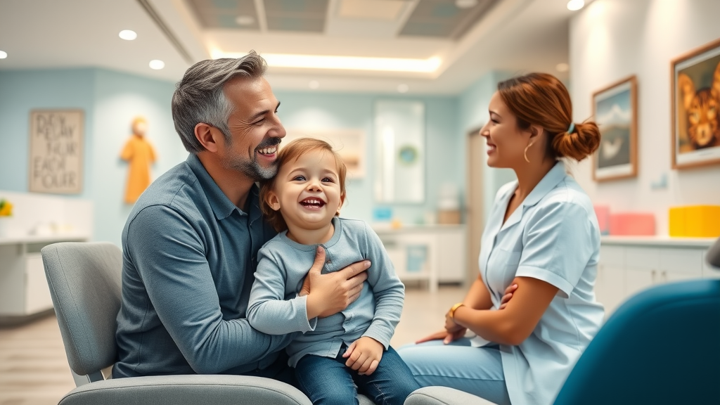 Child and parent smile in welcoming Smile Center dental waiting area