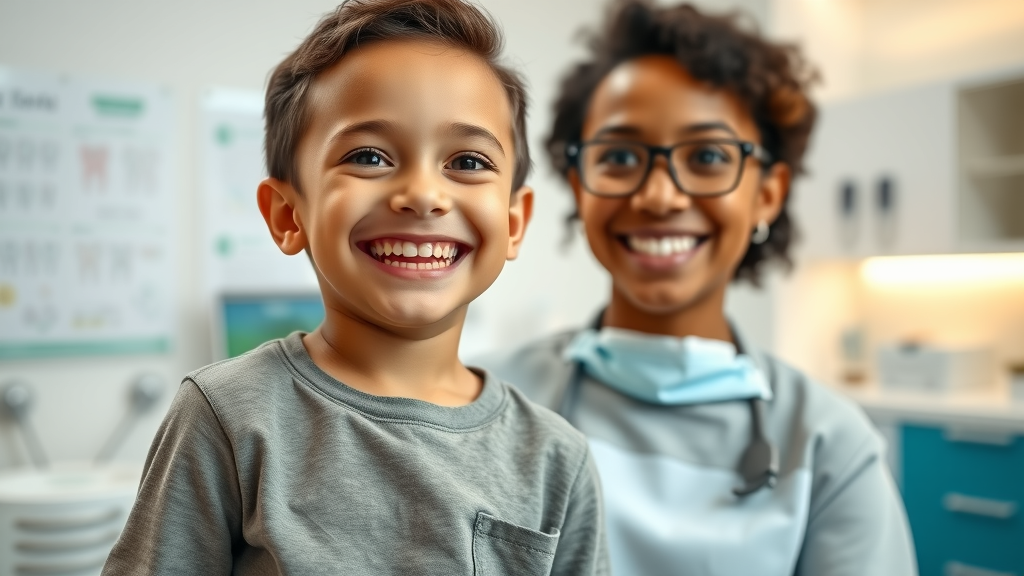 Happy diverse young child, smiling warmly, standing in a dentist