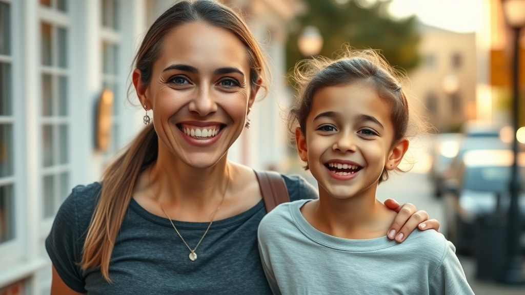 Happy patient and child leaving a Georgetown SC dental clinic after affordable orthodontic care, healthy teeth, sunny street background