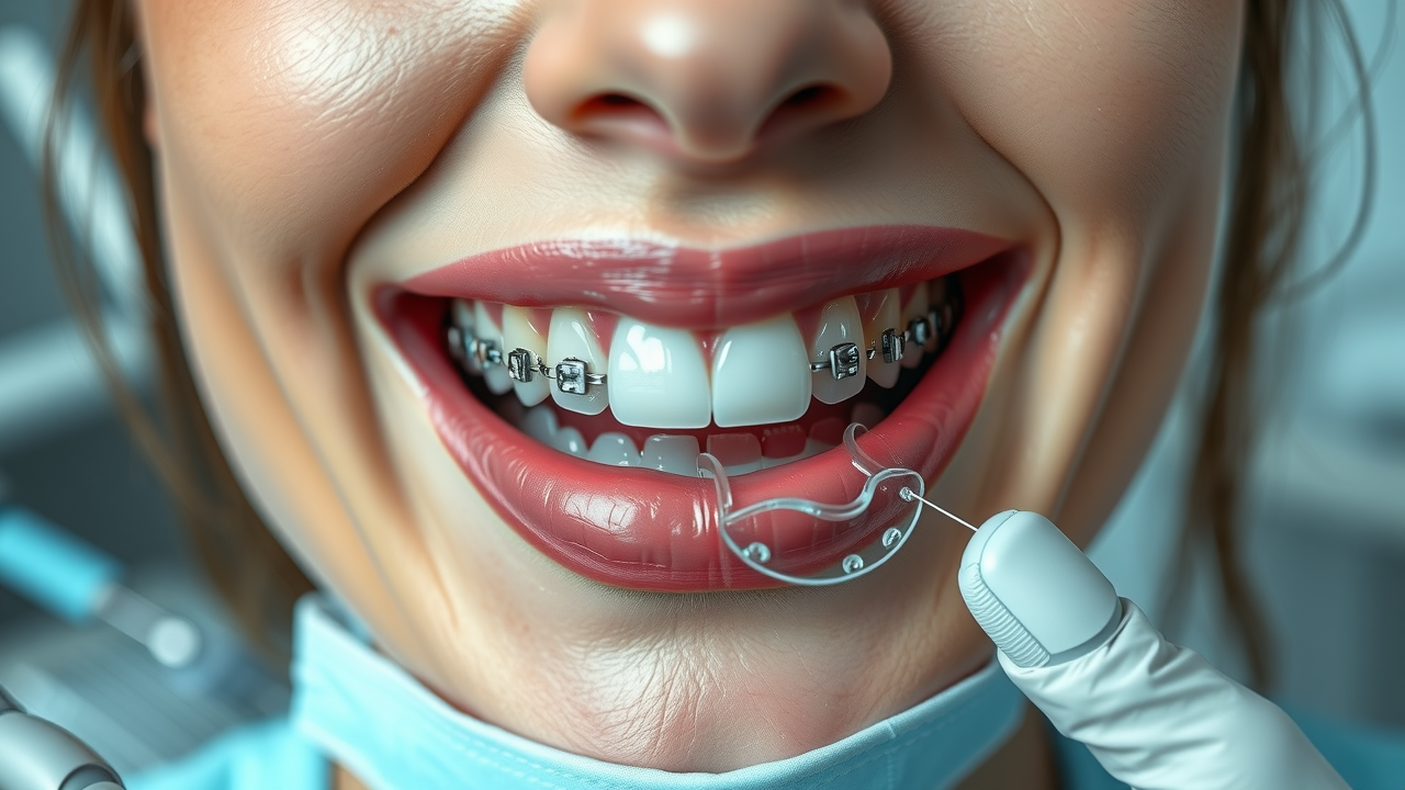 braces vs invisalign: which works faster? Comparative, close-up of a patient’s mouth showing traditional metal braces on one side and clear Invisalign aligners on the other, highlighting contrast in a dental clinic environment