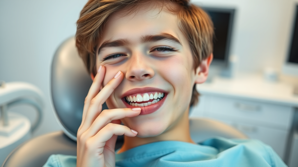 teenage patient with mild discomfort gently touches cheek after orthodontic spacers were placed, orthodontics chair, modern clinic style