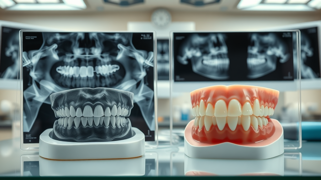 Dental X-rays and teeth models comparing severe and mild orthodontic issues and treatment time in orthodontic treatment