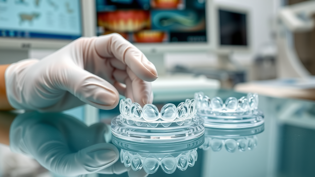 Macro shot of clear aligner trays for teeth straightening, showing professional dental review of affordable clear aligners and invisible braces
