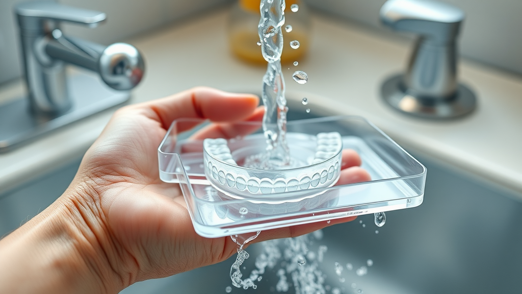 Rinsing Invisalign aligners under running lukewarm water to remove plaque and bacteria buildup, rinse your aligners
