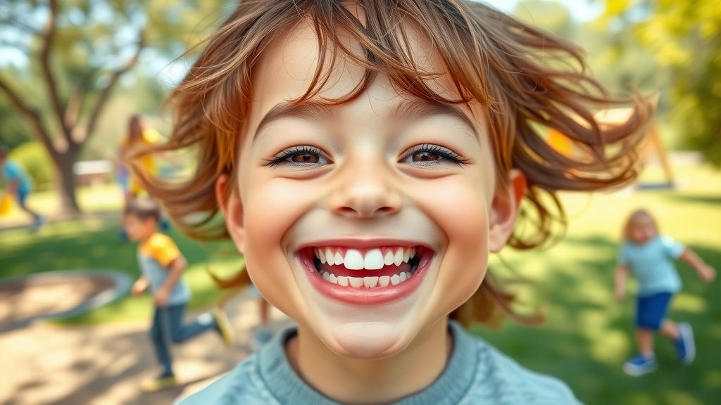 happy child confidently smiling after orthodontic treatment with balanced teeth at playground, phase I results