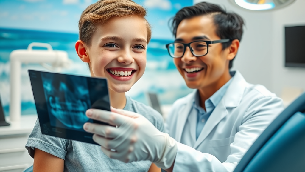 Orthodontist at oceanside dental showing teen patient a friendly braces consultation