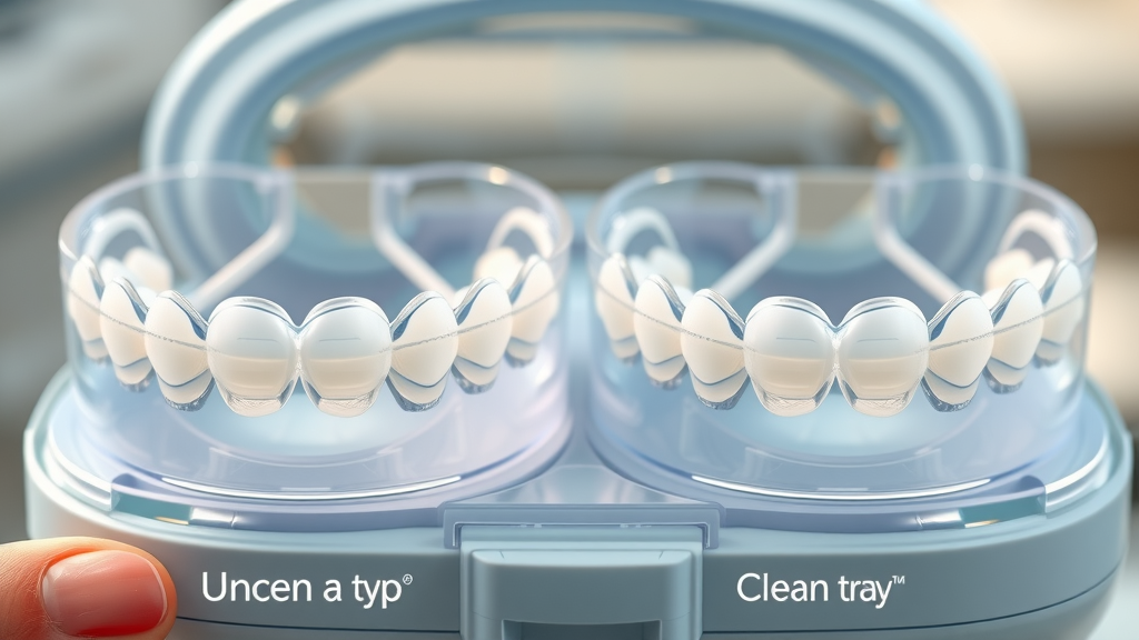 Unclean Invisalign aligners with visible build-up beside clean trays side by side, clean your invisalign