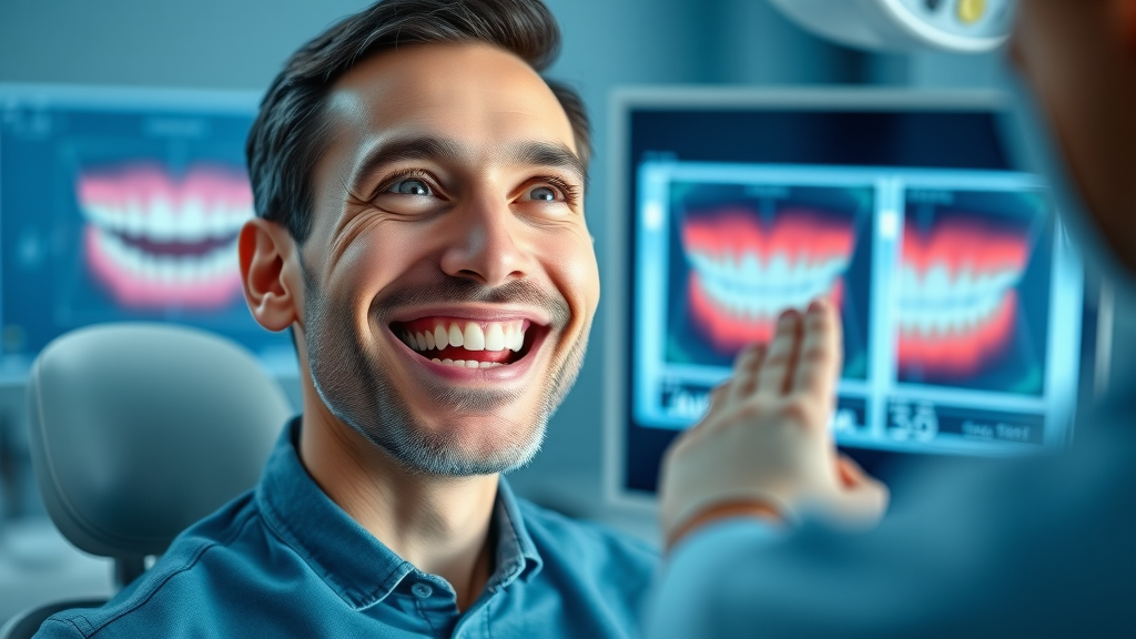 Happy adult patient in Myrtle Beach dental clinic, reviewing a digital smile assessment for Invisalign aligners
