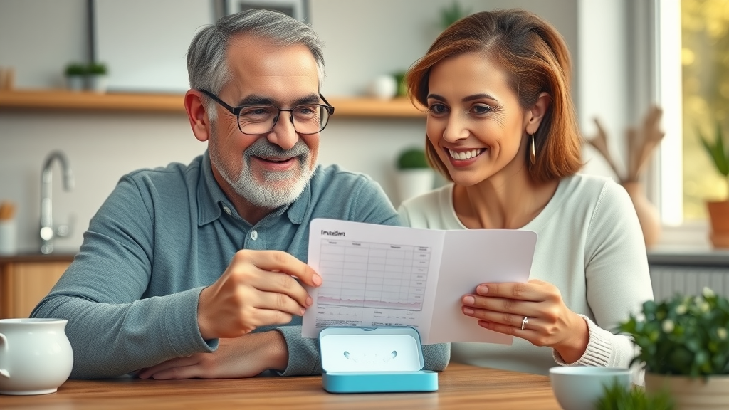 motivated middle-aged adults reviewing Invisalign aligner cases and a progress chart at their kitchen table, symbolizing perseverance and dedication during getting Invisalign at 45: my smile transformation story