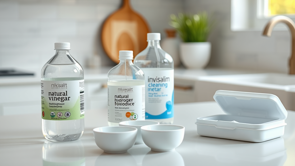 Minimalist assortment of natural cleaning products white vinegar hydrogen peroxide beside Invisalign trays