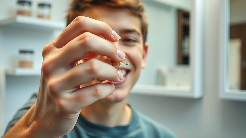 applying orthodontic wax to end of poking wire on braces, focus on teenage hand, cinematic clean bathroom background, tidy shelves and mirror, detailed, natural indoor color, bright lighting
