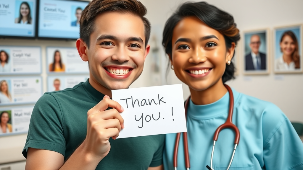 happy patient showing perfect smile, holding a thank you card next to orthodontist, celebrating successful results in a five-star orthodontic office